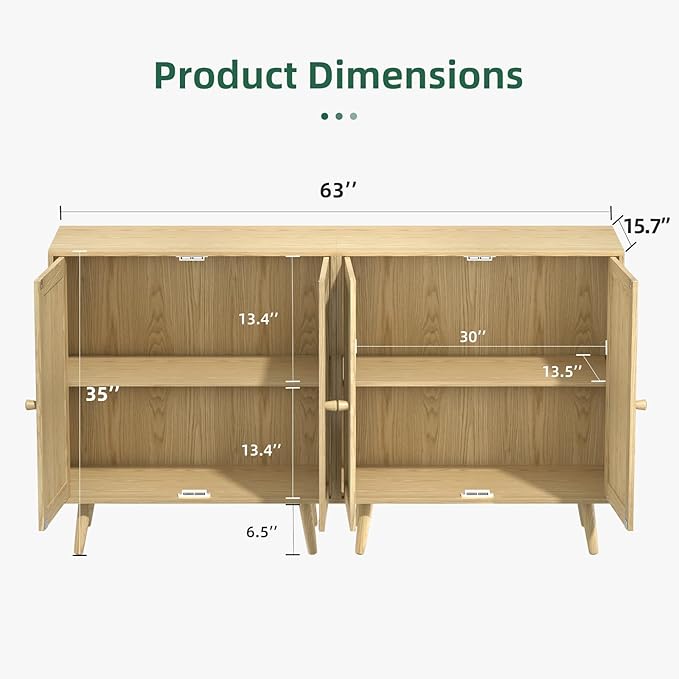 Set of 2 Rattan Sideboard Buffet Cabinets, Stylish Accent Cabinets with Adjustable Shelves & Doors, Ideal for Kitchen & Entryway Storage, Wood Oak