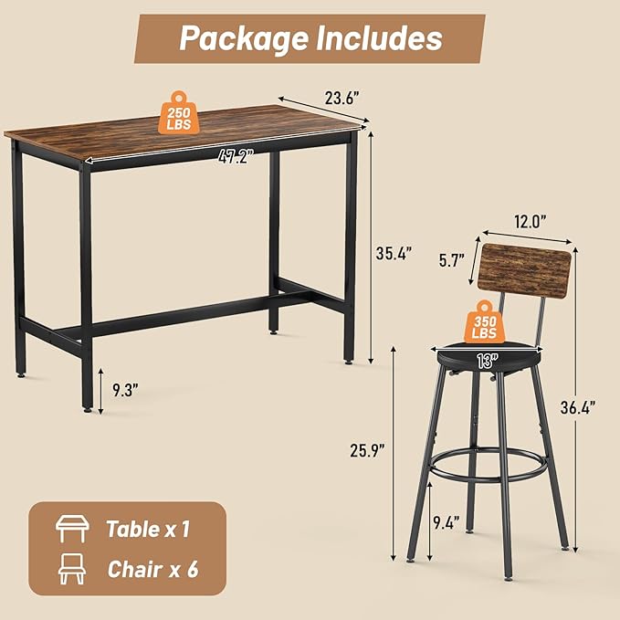 Dining Table Set for 6, 7-Piece Bar Table Set, Kitchen Table and Chairs, Counter Height High Top Table with 6 PU Upholstered Stools, Space-Saving Pub Tables Set for Small Space, Brown