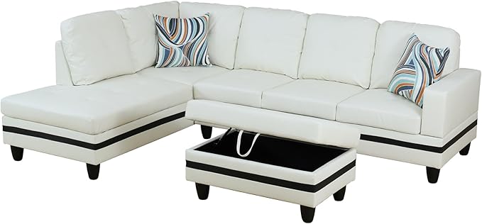 L Shaped Couch PU Leather Sectional Couch Upholstered 3 Pieces Sofas for Living Room with Chaise, Storage Ottoman for Office and Small Apartment, Black and White
