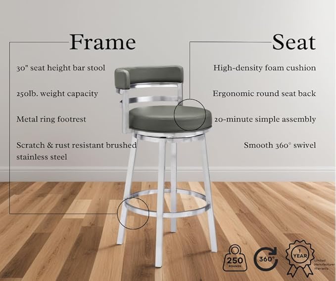 Armen Living Madrid 30" Bar Height Swivel Modern Grey Faux Leather and Brushed Stainless Steel Bar Stool for Kitchen Island Counter