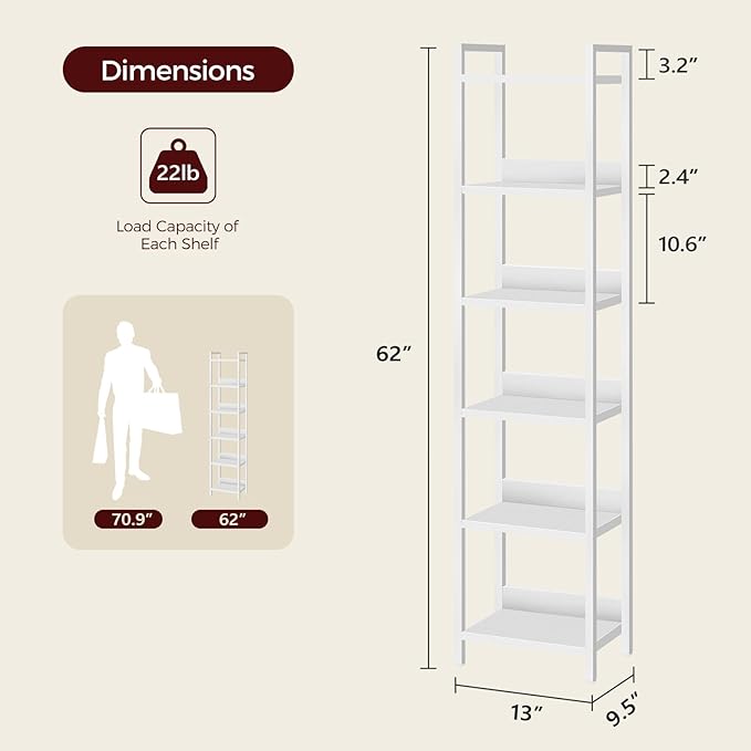Bookshelf, 6-Tier Bookcase, Standing Book Shelf for Small Space, Storage Shelf Organizer, for Living Room, Bedroom, Study, Balcony, White BKBW6601