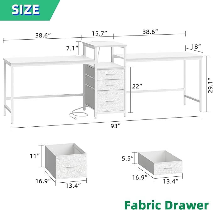 93'' Two Person Desk with Charging Station, Long Desk with 3 Drawers and Printer Shelf, Double Computer Desk, Fabric Drawers, 2 Person Writing Study Table Workstation for Home Office, White