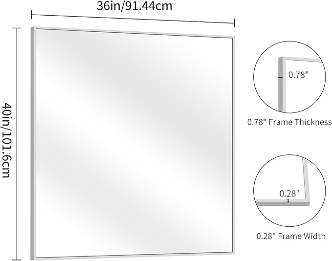 YIROMAN Bathroom Mirror 36"x40", Large Brushed Silver Bathroom Mirror for Over Sink with Aluminum Frame, Rectangular Vanity Mirror with Right Angle, Wall Mirror Hangs Horizontal or Vertical