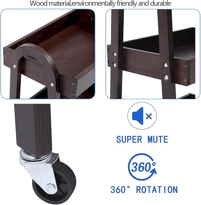 3 Tier Rolling Craft Cart Slim Rolling Storage Cart Wooden Cart on Wheels Bathroom Organizer Rolling Utility Cart Mobile Shelving Unit for Kitchen Bathroom Laundry Narrow Places (Black)