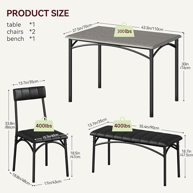 GarveeHome Dining Table Set for 4, Kitchen Table with Upholstered Chairs and Bench, Wood Rectangular Dining Table and Chairs Set for Small Space, Apartment, Dinner, Rustic Gray