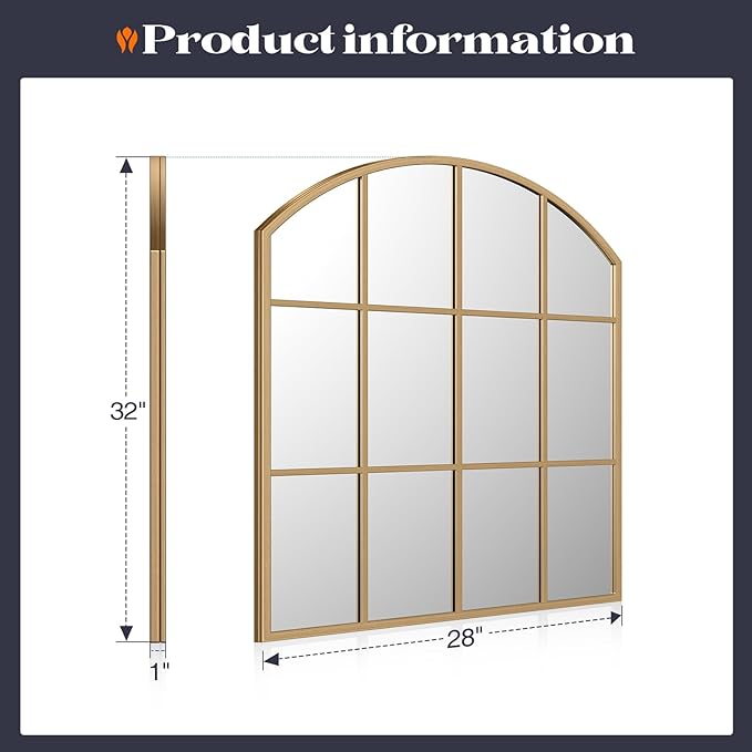 Wide Window Pane Mirror, 28" x 32" Gold Arched Mirrors for Wall, Brass Grid Wall Large Decorative Mirror for Living Room Bedroom Farmhouse Fireplace Hallway Entryway