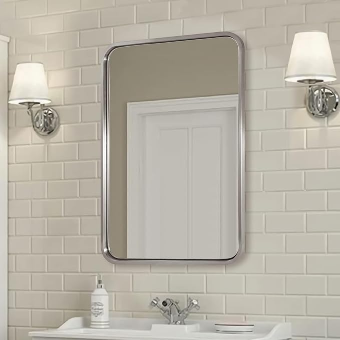 ANDY STAR 28x36 INCH Brushed Nickel Mirror, Rounded Rectangle Brushed Silver Metal Framed Mirrors for Bathroom Anti-Rust SUS304, Tube Metal Frame, 1’’ Deep Wall Mounted Vertically/Horizontal