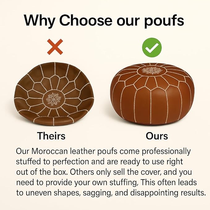 Stuffed Round Design Moroccan Leather Pouf Ottoman, Handmade, Pre-Filled, 100% Genuine Leather, 13” Height x 20” Diameter, Footstool & Living Room Décor (Brown)