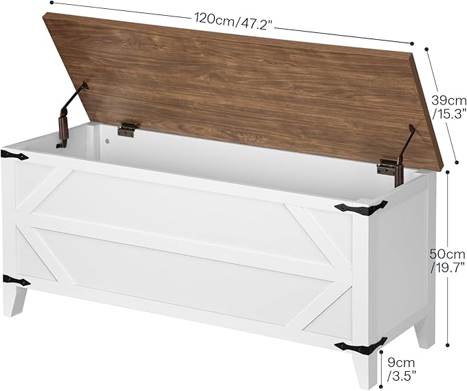 HOOBRO 47.2" Toy Box, Storage Chest with Safety Hinges, Toy Chest Storage, Wooden Storage Bench for Bedroom, Living Room, White and Walnut WH16CW01