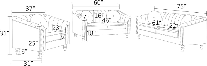 Sectional Sofa Set, Microfiber Chesterfield Upholstered Sofas Loveseat Couch Chair Sets with Style Button Tufted, Scroll Arms and Nailhead for Living Room, Office, Apartment, Grey,S