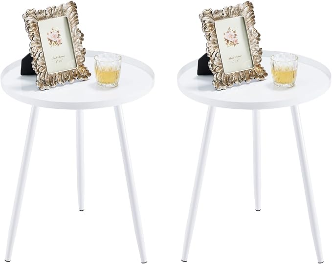 Apicizon 16" Round Side Table Set of 2, White Metal End Table for Living Room, Bedside, Mid Century Modern Coffee Table or Circle Accent Table for Small Spaces, White
