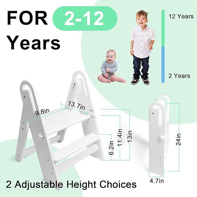 WOOD CITY Step Stool Foldable for Toddlers, Adjustable Kids Step Stool for Bathroom Sink Toilet Potty Training Stool with Handles Child Kitchen Counter Stool Helper Montessori Kitchen Stools