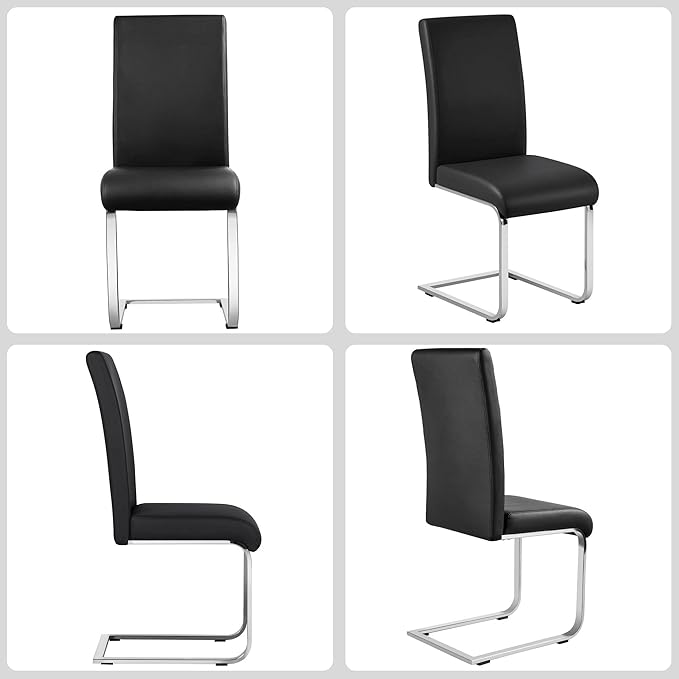 Yaheetech Dining Chairs Set of 2 Modern Faux Leather Upholstered Dining Room Chairs with High Back and Metal Chrome Legs for Kitchen/Living Room/Restaurant, Black