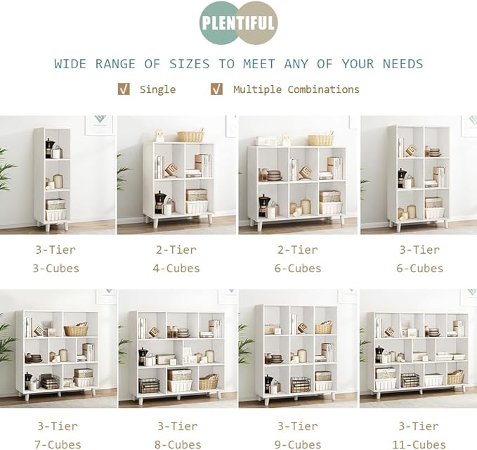 IOTXY Open Cube Low Bookcase - 3-Tier Freestanding Storage Display Cabinet Organizer with Legs for Home Office, 11-Cubes Open Shelf Short Bookshelf, White