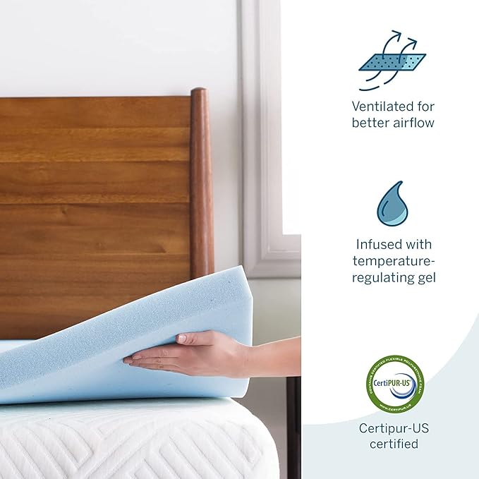 LUCID 2 Inch Gel Memory Foam Mattress Topper with Cover - Full Size - CertiPur-US Certified - White
