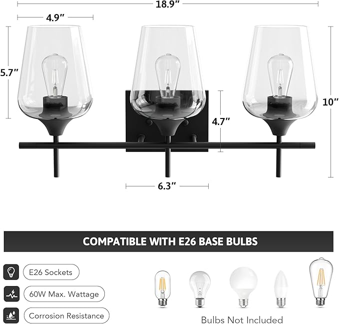 VONLUCE Bathroom Vanity Light, 3 Light Bathroom Light Fixture Over Mirror, Bathroom Wall Lamp with Clear Glass, Modern Black Vanity Lighting fixtures for Bathroom, Bedroom, Hallway