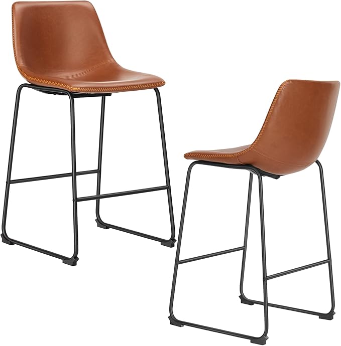 DUMOS 26 Inch Counter Height Bar Stools Set of 2, Modern Faux Leather High Barstools with Back and Metal Leg, Bar Chairs for Kitchen lsland, Brown