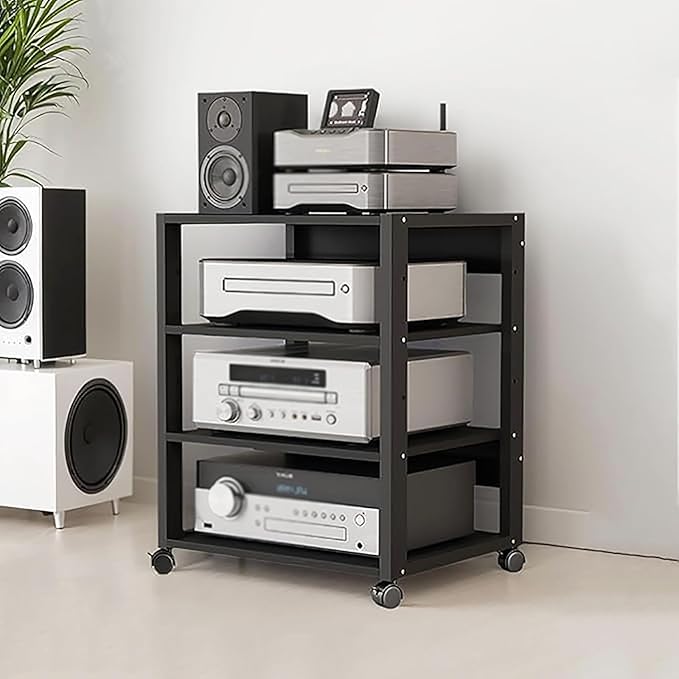 4 Tier Audio Rack Tower, CD Record Player Stereo Receiver AV Equipment Cabinet Display Rack, Weight Capacity 220 lbs, with Adjustable Wooden Shelves for Home (Black, 4tier)