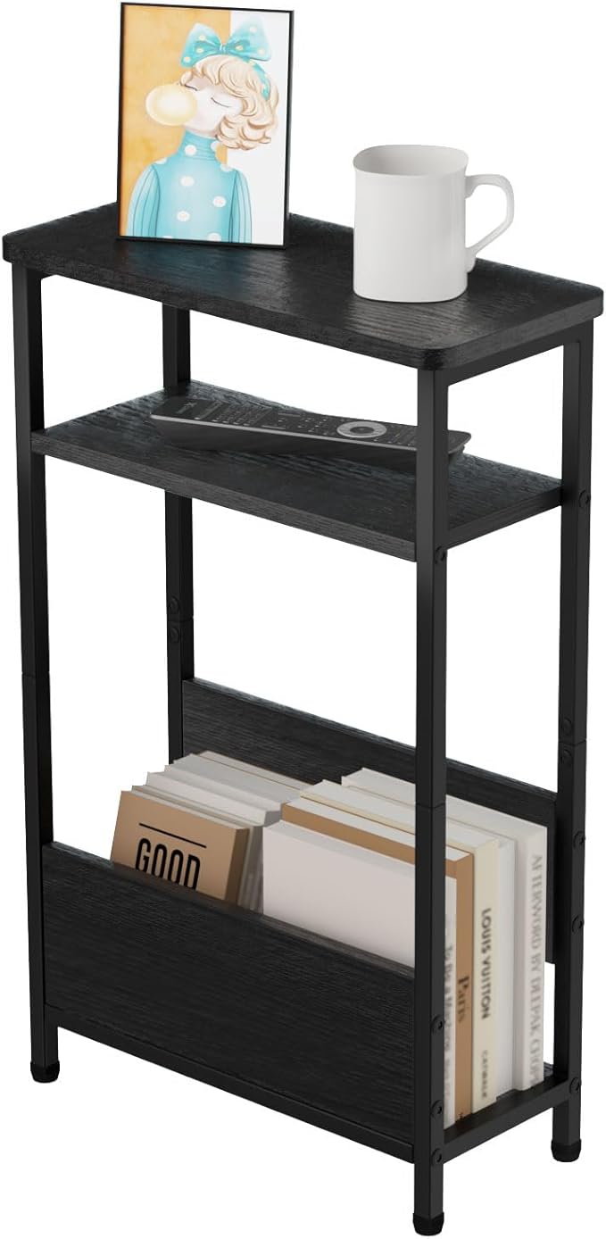 7.1" Narrow Side Table for Small Spaces, 3 Tier Small End Table with Magazine Holder, Slim/Skinny Nightstand/Bedside Table for Living Room, Bedroom, 15.4" L x 24.2" H, Black