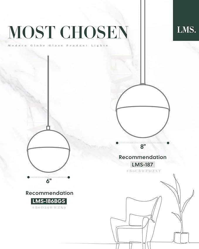 LMS 2 Pack Modern Pendant Lights, Mid Century Brushed Nickel Kitchen Lighting with White Globe Glass Shade, Adjustable Hanging Light Fixtures Ceiling Light for Home Office Dining Room, LMS-186BN2PK