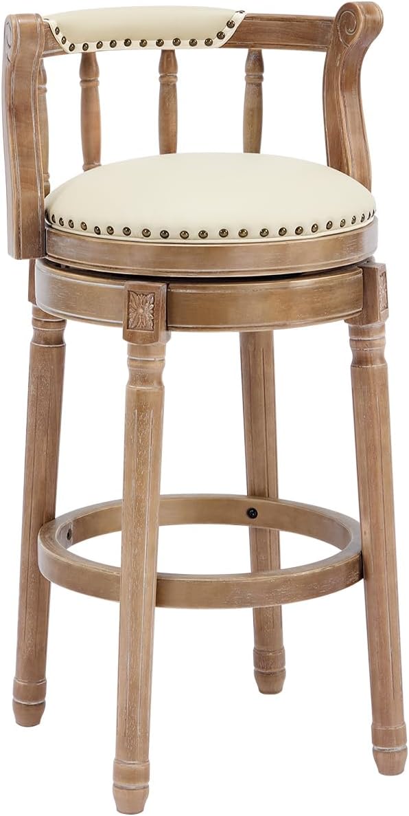 Cow top Leather Wooden Bar Stools, 360 Degree Swivel Bar Height Chair with Backs for Home Kitchen Counter, Morden Chair Barstools (Retro-Beige, Bar Height-Seat Height 29.5”)