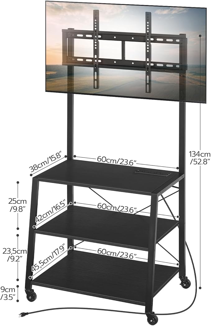 HOOBRO Rolling TV Stand with Mount and Power Outlet Up to 55 inch TVs, Corner Entertainment Center, Small TV Stand with 3-Tier Storage Shelves for Living Room, Bedroom, Black BB66UDS01