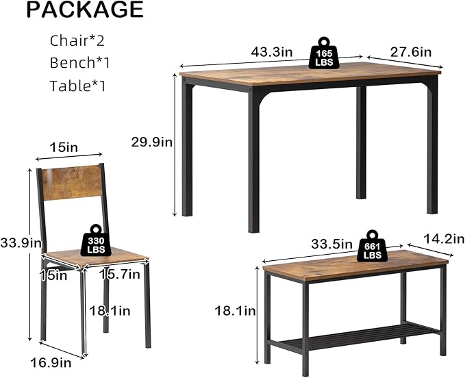 4-Piece Dining Table Set with Bench - 4 Person Kitchen Table and 2 Chairs for Small Spaces, Apartment - Metal Frame & Woodgrain Tabletop, Space-Saving Design, Durable & Easy to Clean, Rustic Brown