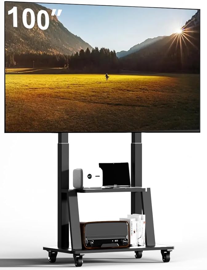 Mobile TV Cart Rolling TV Stand for 42 to 55 65 70 75 85 86 90 100 inch Television Heavy Duty Portable TV Stand on Wheels, Height Adjustment, Holds Up to 180 LBS, Vesa 200×200-900×600mm