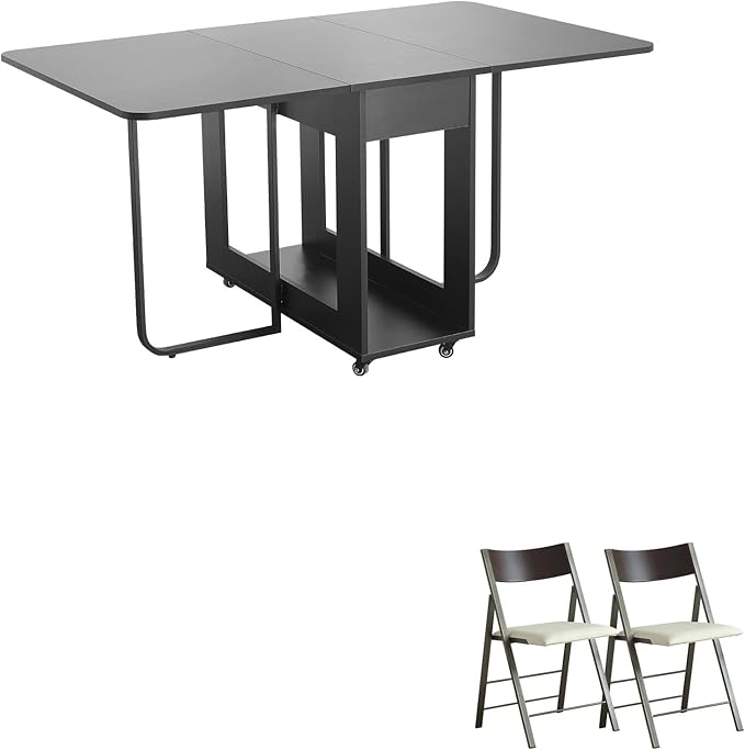 Folding table and chair set, dining table with extra large storage space and 4 universal wheels, matched with padded steel frame folding chairs, space-saving dining table and 2 chairs (White)