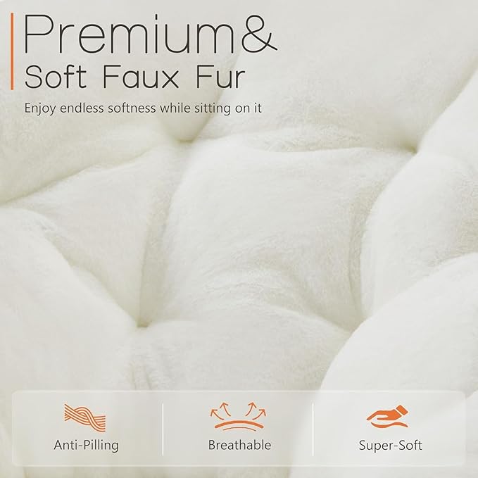 Saucer Chair Faux Fur with Soft and Thick Padded Seat Metal Frame, Modern Style Folding Cozy Chair for Living Room, Bedroom, XL, White
