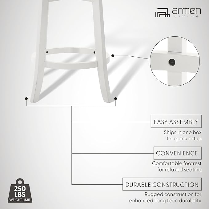 Armen Living Blair 30 in. Matte White Bar Height Rubberwood Swivel Barstool with Fog Fabric Seat - Set of 3