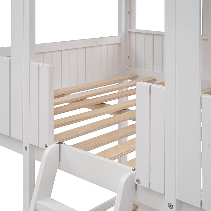 Ball & Cast Full Over Full Size Playhouse Bunk Bed with Roof and Window,Wood Bunkbed w/Full-Length Guard Rail & Ladder,Slat Support,Space Saving,Bedroom Furniture for Student Dorms,White