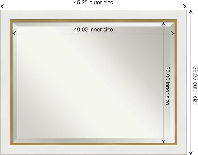 Amanti Art White Bathroom Mirror for Over Sink, 35x45 Eva White Gold Rectangle Vanity Mirror, X-Large Modern Contemporary Frame, Hangs Horizonally and Vertically, Bathroom Wall Decor, Beveled Edge