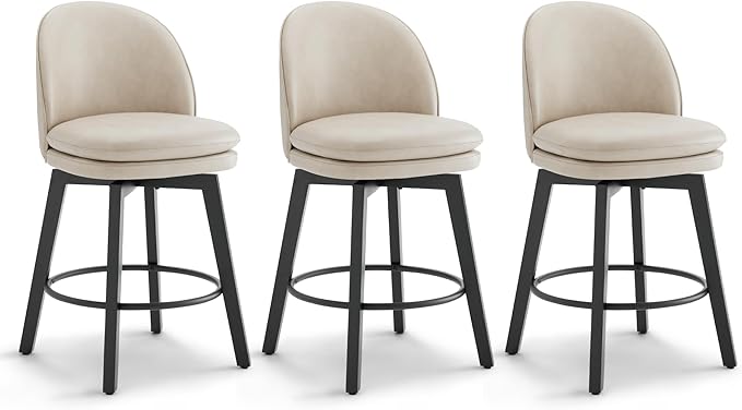 Counter Height Barstools 26 inch Upholstered Swivel Bar Stools with Back and Wood Legs for Kitchen Island,Set of 3,Beige PU Leather-Armless