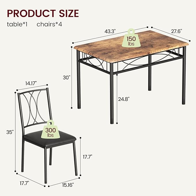 Dining Table Set for 4, Compact Kitchen Table with 4 Upholstered Chairs, 5-Piece Kitchen Table Set for Small Space, Dining Room, Apartment, Retro Brown