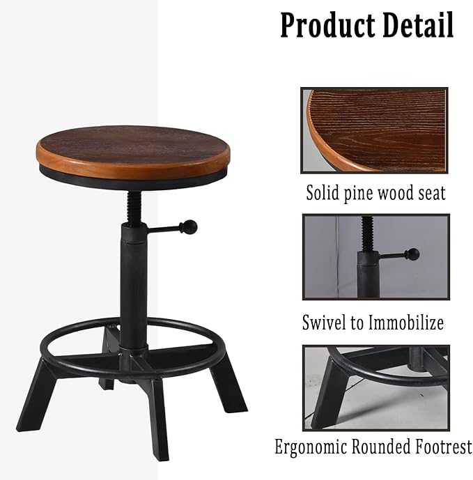 Set of 2-Industrial Bar Stool-Rustic Counter Height Chairs for Kitchen Island-Farmhouse Swivel Wooden Seat- Adjustable 17.7-24inch