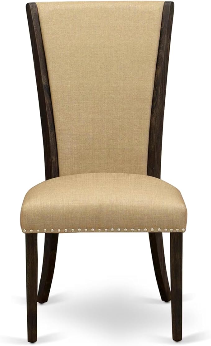 East West Furniture V777VE703-9 9 Piece Dining Room Table Set Includes a Rectangle Dining Table with V-Legs and 8 Brown Linen Fabric Upholstered Parson Chairs, 40x72 Inch, Multi-Color