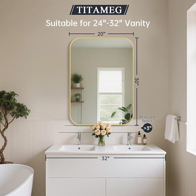 20x30 Inch Bathroom Mirror for Wall, Gold Framed Rectangle with Rounded Corner, Aluminum Alloy Brushed for Bedroom or Living Room, Vertical or Horizontal