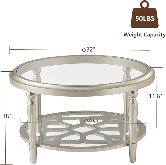 COSIEST Glass Coffee Table, 32" Round Coffee Tables with Storage, 2-Tier Glass Top, Clear Coffee Table, Simple & Modern Center Table for Living Room or Home Office (Champagne)