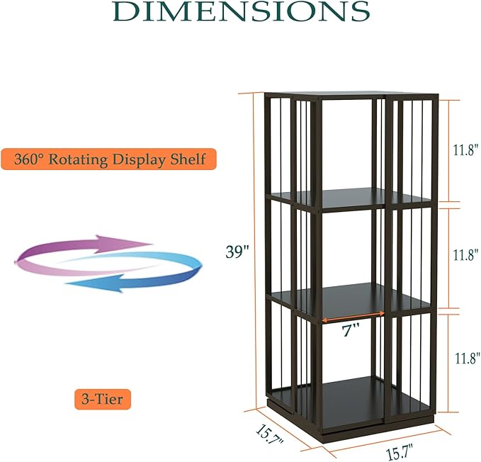 Square Rotating Bookshelf Tower - 360 Spinning Display Corner Bookcase for Narrow Space, Modern 3-Tier Revolving Storage Shelf, Black