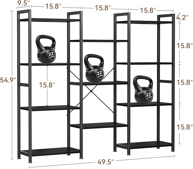 Casaottima Triple 4 Tier Bookshelf, Large Bookcase with 11 Open Display Shelves, Modern Industrial Book Shelves Book Case for Bedroom, Wide Standing Shelving Unit for Living Room Home Office, Black