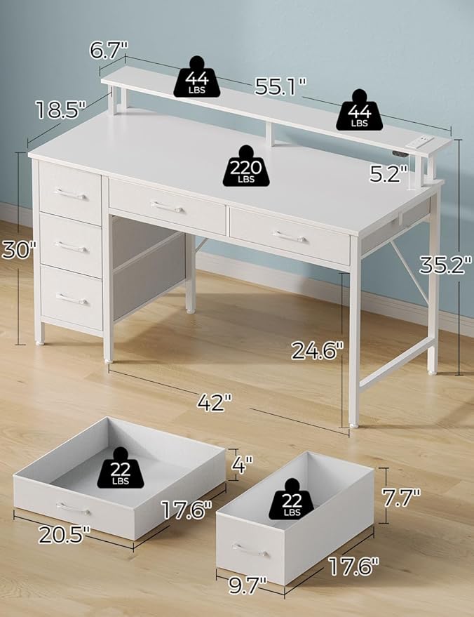 Seventable Computer Desk with Power Outlets & LED Light, 55 inch Home Office Desk with 5 Drawers, Writing Desk with Monitor Stand, Work Desk for Home Office, White