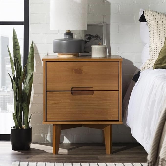 Walker Edison Mid Century Modern Grooved Handle Wood Nightstand Side Table Bedroom Storage Drawer and Shelf Bedside End Table, 2 Drawer, Caramel