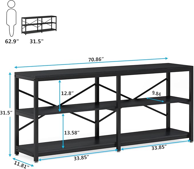 Tribesigns 70.9 Inch Extra Long Console Table, Modern Sofa Table Behind Couch Table with Storage Shelves, 3-Tier Industrial Hallway Entryway Table for Living Room, 3 Shelf Bookshelf(Black)