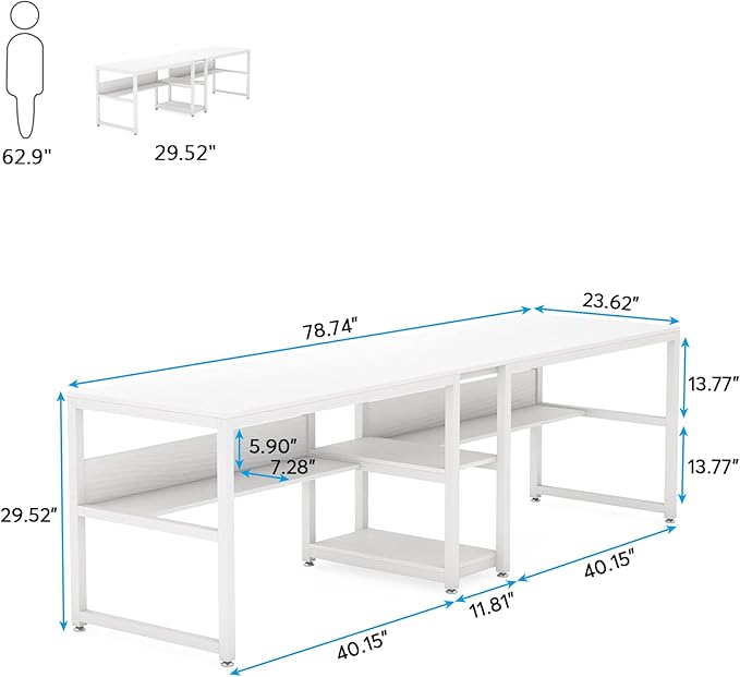 Tribesigns Two Person Desk with Bookshelf, 78.7 Computer Office Double Desk for Two Person, Rustic Writing Desk Workstation with Shelf for Home Office (White)