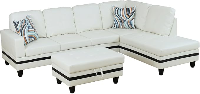 Osparple L Shaped Couch PU Leather Sectional Couch Upholstered 3 Pieces Sofas for Living Room with Chaise, Ottoman with Storage for Office and Small Apartment, Black and White