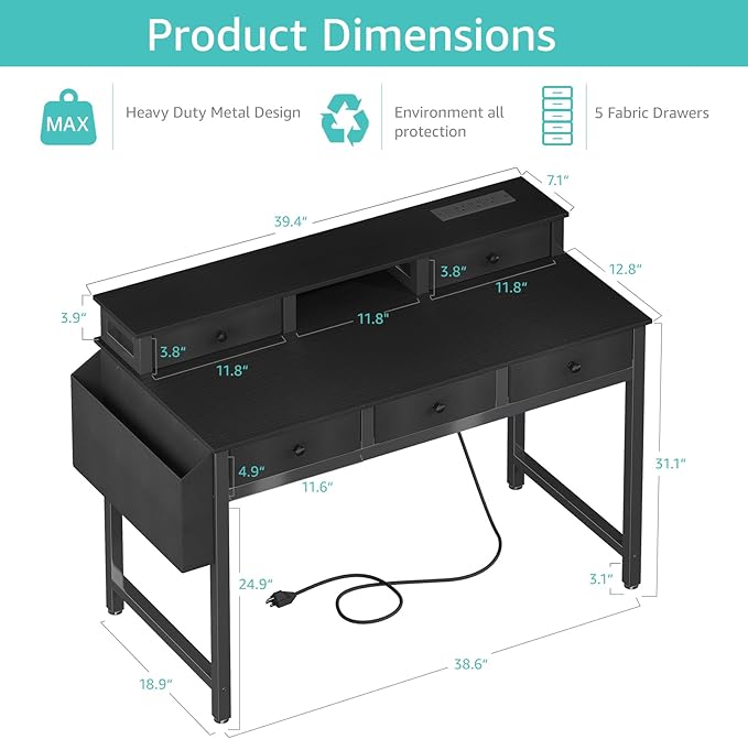 Lufeiya Computer Desk with Drawers for Home Office Bedroom, 40 inch Black Writing Study Teacher Desks with Fabric Drawers Storage, Gaming Desk Table with Power Outlet & Monitor Stand, Black