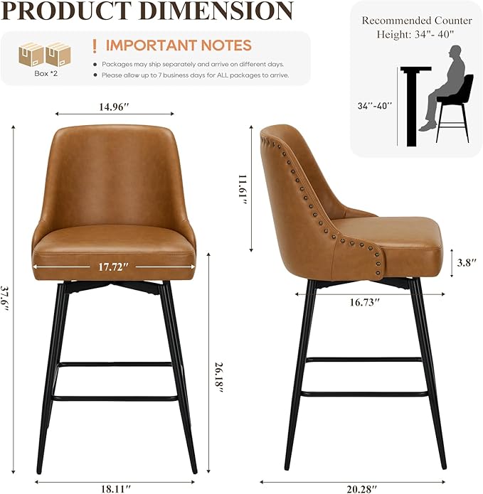 COLAMY Bar Stools Set of 4, 26.18" Counter Height Swivel Stools with Thick Padded Seat, Adjustable Footrest & 360° Rotation, Premium PU Leather Upholstery for Kitchen Island/Home Bar/Cafe, Brown