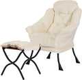 Lazy Chair with Folding Ottoman,Living Room Chairs, Accent Contemporary Lounge Chair, Single Steel Frame Leisure Sofa Chair with Armrests and A Side Pocket (White)