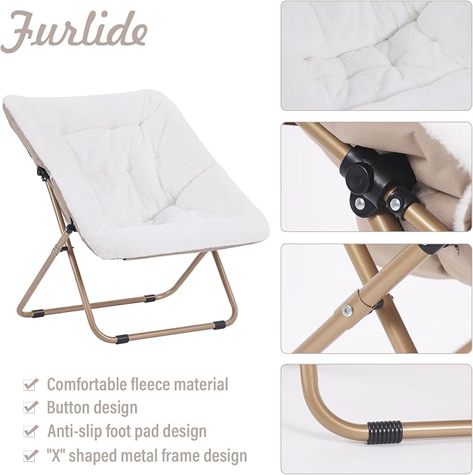 Saucer Chair, Comfy Bedroom Chairs, Oversized Folding Faux Fur Chair, Foldable Metal Frame Chair for Bedroom, Study, Playroom (White)